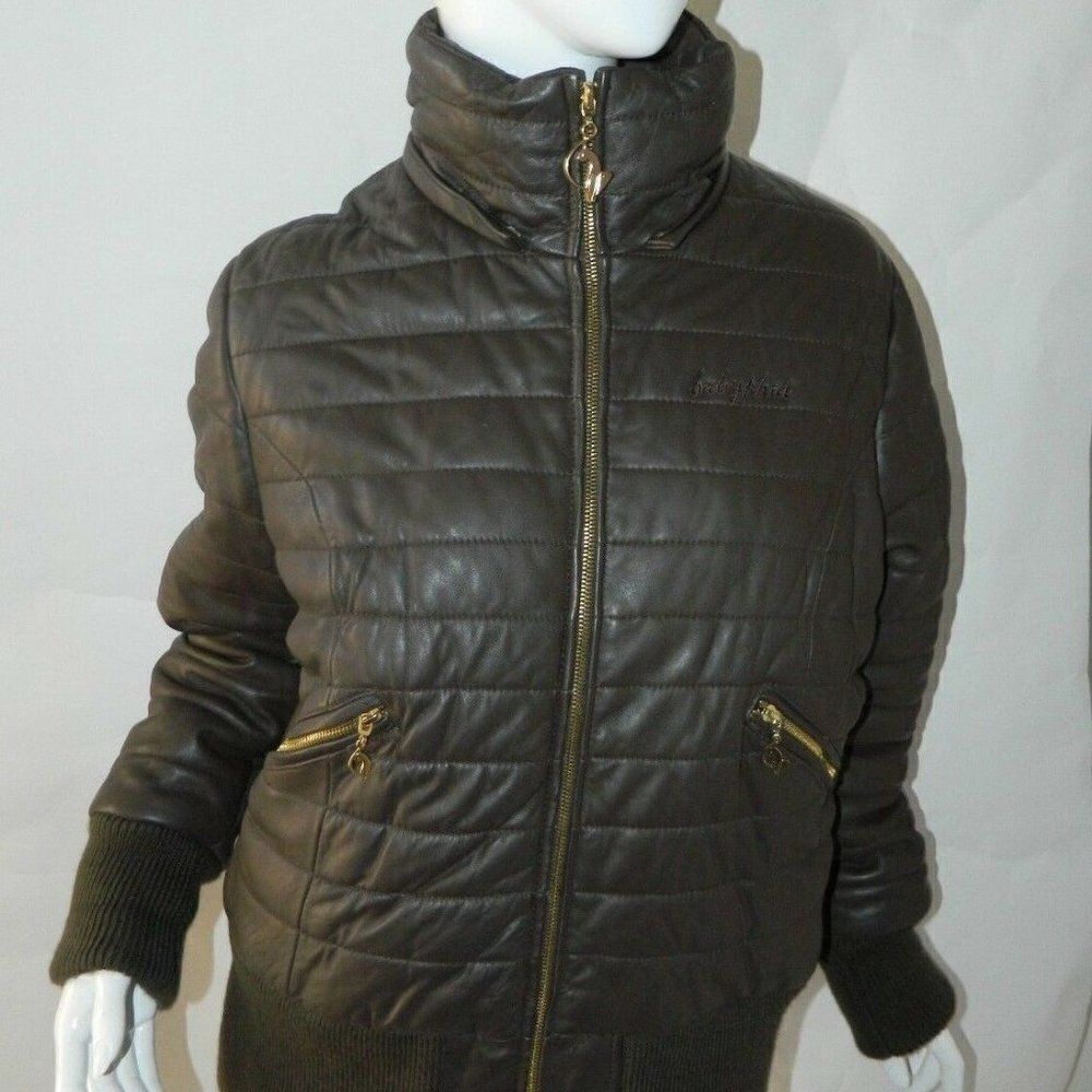 BABY PHAT Jacket Leather Brown Puffer Y2K 90's Vintage Embroidery Cat Logo XXL‎
